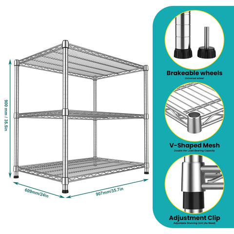 Beefy Heavy Duty 24 Inch Deep Metal Wire Shelving Unit For Kitchen Garage And Pantry, adjustable 3-tier chrome steel rack with wheels