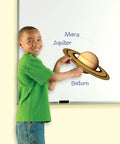 Child with Giant Magnetic Solar System Kit For Classrooms And Home Use, Kid Friendly 12 Piece Earth Moon Sun Model teaching Saturn on board.