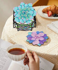 Succulent Diamond Art Coaster Set With Holder And Cork Bases, 8 Piece Flower Diamond Painting Coaster Kit For Beginners And Adults on table