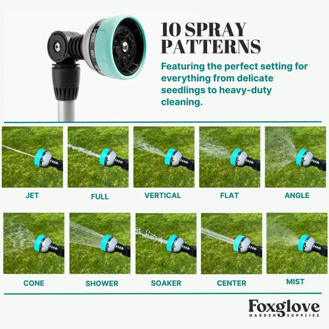 Extendable Garden Hose Wand With 28 To 36 Inch Reach Ten Spray Settings 180 Degree Swivel Head showing spray patterns