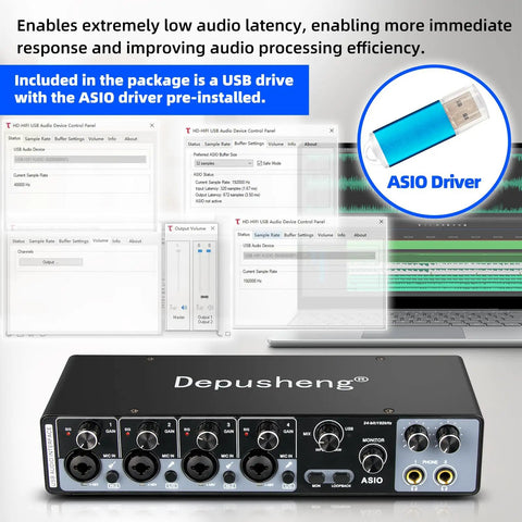 Image of the 4-Channel USB Audio Interface with ASIO, 24-Bit 192 KHz Recording, showcasing its ports and included ASIO driver.