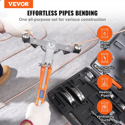 Vevor 1-4 To 7-8 Inch O.D. Ratcheting Pipe Tube Bender with seven dies for bending water, pneumatic, and heating pipes.