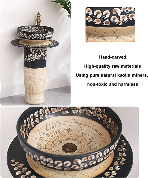 UYTROPLK Ceramic Bathroom Sink Retro Industrial Style Pedestal Ceramics Basin, balcony countertop washbasin with hand-carved design.