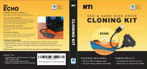 Cloning Kit Pro For SSD And HDD Upgrades, Version 7 Software Download, 4K Sector Compatible, Easy No Fuss File Exclusion, Boss Upgrade Tool, Includes SATA To USB Adapter For 2.5 Inch SSD And HDD, Fast And Reliable Disk Duplication. Box front and CD with SATA to USB adapter.