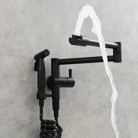 Brass Kitchen Faucet With Side Sprayer And Wall Mount Pot Filler, 360 Degree Rotating Double Joint Swing Arm, Black Finish