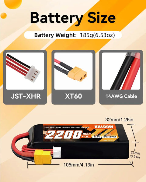3S 2200mAh 11.1V 40C RC LiPo Battery Pack With Soft Case And XT60 Connector size and dimensions overview
