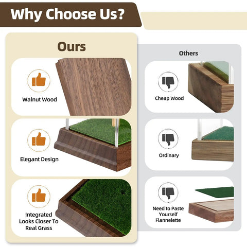 Comparison of Hole In One Golf Ball Display Case features with walnut wood, realistic turf base, and acrylic box versus others.
