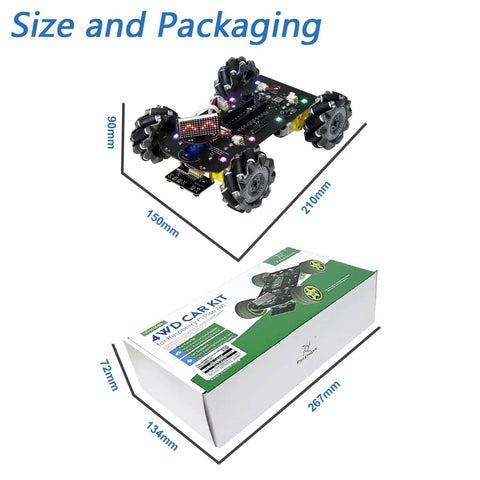 Image showing Mecanum Wheel Robot Car Kit for Raspberry Pi Pico Not Included, Dope Build With Arduino IDE Compatibility packaging and dimensions.