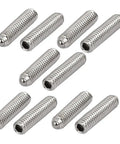 Pro Grade M4 X 16 Millimeter 304 Stainless Steel Ball Point Set Screws Featuring A Rock Solid Hex Socket Drive For Tough Jobs Built To Last 10 Piece Box, showing ten hex socket screws.