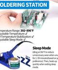 862BD+ 2-In-1 Soldering Iron And Hot Air Rework Station with sleep mode info and temperature control settings displayed.