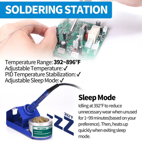 862BD+ 2-In-1 Soldering Iron And Hot Air Rework Station with sleep mode info and temperature control settings displayed.