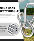 Close-up of galvanized steel spring snap hook with text highlighting anti-corrosion and rust features, outdoor tent scene in background