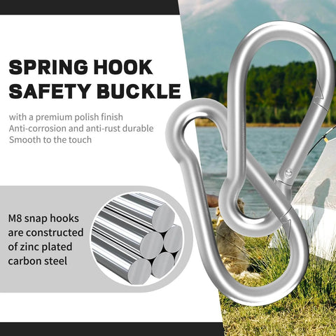 Close-up of galvanized steel spring snap hook with text highlighting anti-corrosion and rust features, outdoor tent scene in background