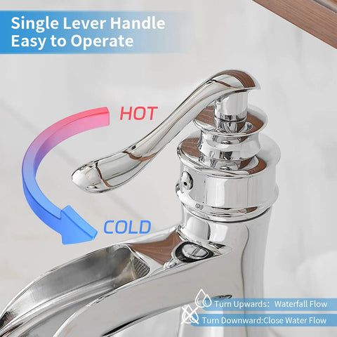 Chrome Waterfall Bathroom Faucet With Single Hole, Single Handle, solid brass construction, with hot and cold lever directions displayed.