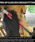 Side view of red-handled grease fitting cleaning tool used to flush old grease from fittings.