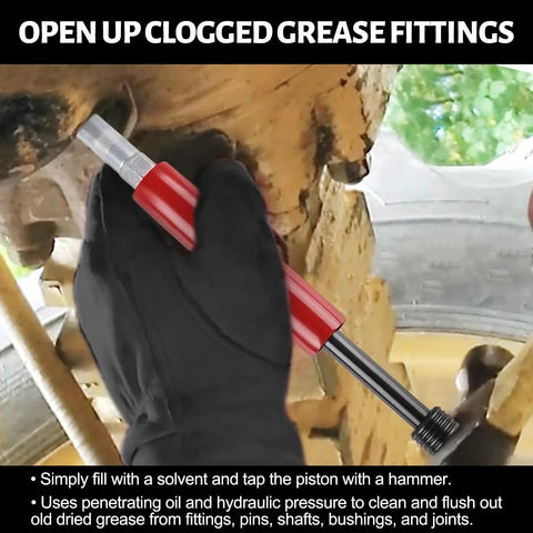 Side view of red-handled grease fitting cleaning tool used to flush old grease from fittings.