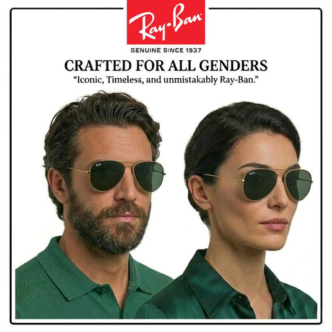 Man and woman wearing RB3025 Pilot Shape Non-Polarized Sunglasses For Men And Women With G-15 Green Lens, unisex design.