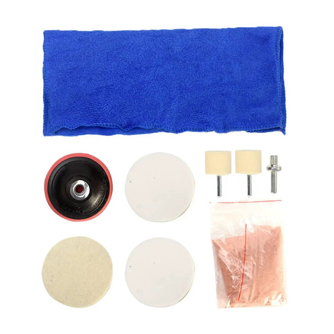 Easy Glass Fix Kit 9 Piece Set with cerium oxide powder, polishing pads, felt wheel, blue cloth and accessories for scratches