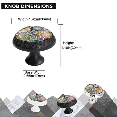 Boho Mandala Crystal Glass Drawer Knobs, 6 Pack With White Base shown with dimensions and base design details.