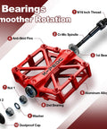 Aluminum CNC Bike Pedals 9/16 Inch, Lightweight Mountain Road Pedal With 16 Anti Skid Pins, labeled parts and dual sided grip.