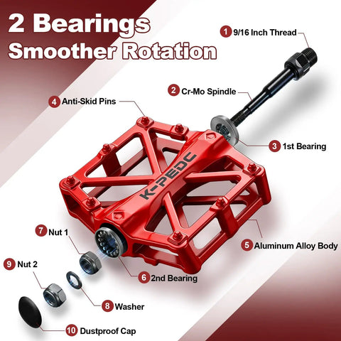 Aluminum CNC Bike Pedals 9/16 Inch, Lightweight Mountain Road Pedal With 16 Anti Skid Pins, labeled parts and dual sided grip.