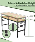 6-Level Adjustable Height Heavy Duty Adjustable Height Workbench With Built In Power Outlets And Solid Rubber Wood Top measurements and details.