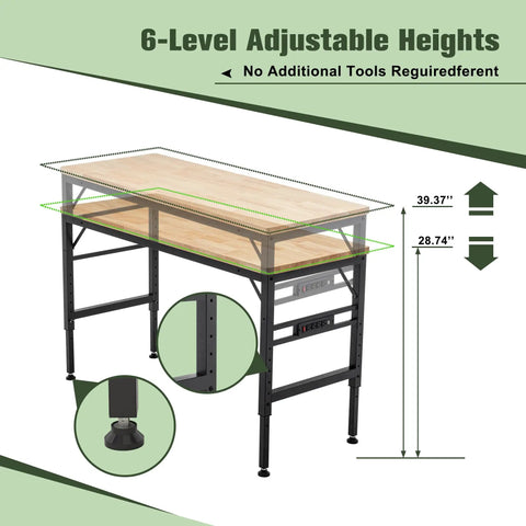6-Level Adjustable Height Heavy Duty Adjustable Height Workbench With Built In Power Outlets And Solid Rubber Wood Top measurements and details.