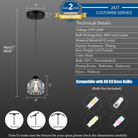Technical details of Three Light Matte Black Pendant Lighting With Transparent Glass Shades, compatible with G9 base bulbs.