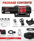 Beefy 3500 Lb ATV UTV Winch With 12V DC Motor Synthetic Rope Wireless Remote Wired Switch Fairlead And Mounting Plate Waterproof Portable Tow Winch For Jeeps Trucks Trailers And Off Road Adventures package contents with winch, remote, mount plate, hook, and cover