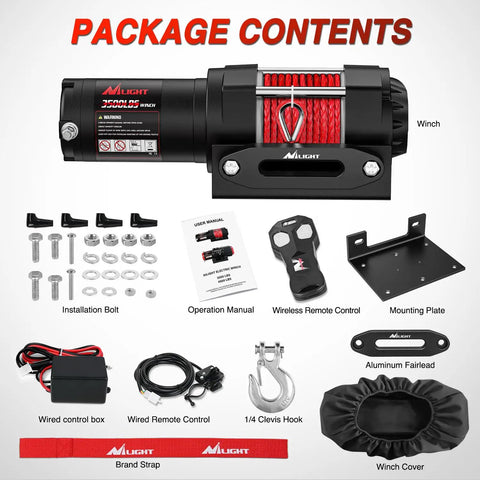 Beefy 3500 Lb ATV UTV Winch With 12V DC Motor Synthetic Rope Wireless Remote Wired Switch Fairlead And Mounting Plate Waterproof Portable Tow Winch For Jeeps Trucks Trailers And Off Road Adventures package contents with winch, remote, mount plate, hook, and cover