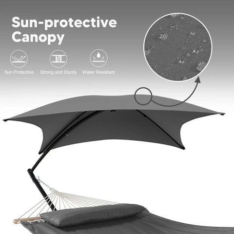 Standing Patio Hammock With Canopy And Foldable Stand, Portable And Easy Setup, Patent Pending, Dark Gray canopy and details