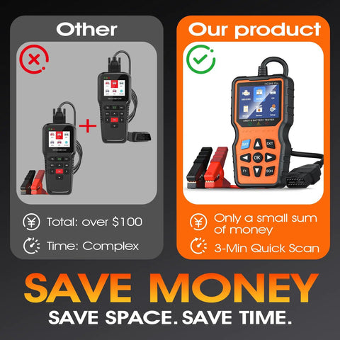 Comparison of OBD2 Scanner With Battery Tester 2 In 1 Fast Fault Code Reader And 12V Battery Health And Charging System Analyzer For 1996 And Newer Cars Universal Auto Diagnostic Tool With Real Time Readouts SOC SOH And CCA Data with other products