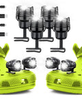 4 Pack USB Rechargeable Clip On Headlights For Clogs Shoes And Sandals, Adjustable Light, waterproof black, shown on green clog