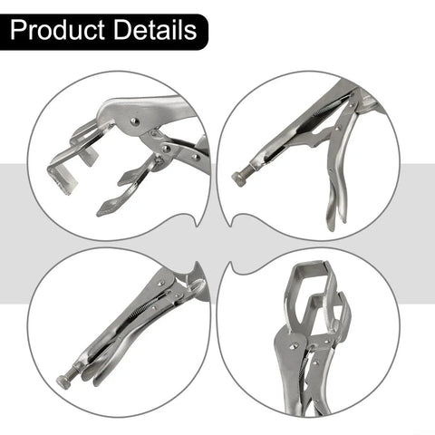 Heavy Duty 9 Inch U Shaped Welding Pliers Steel Clamp With Strong Bite Force Perfect For Mig Tig Welding Riveting And Grinding Adjustable Handle silver tool details showing adjustable handle and U shape jaws.
