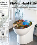 Elongated Mediterranean Coastal Village Colorful Flowers Toilet Seat on a white toilet with floral design and adjustable hinges.