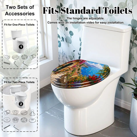 Elongated Mediterranean Coastal Village Colorful Flowers Toilet Seat on a white toilet with floral design and adjustable hinges.