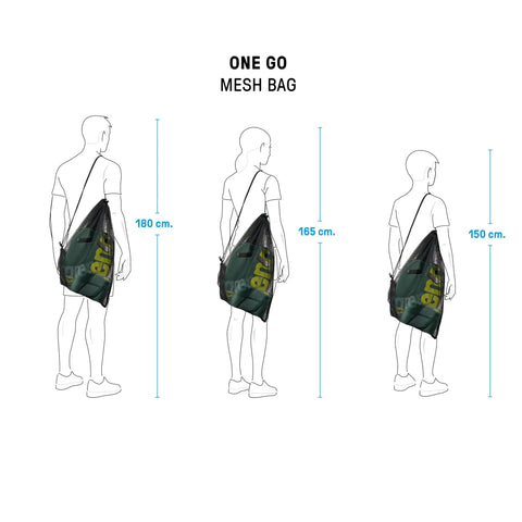 Mesh Pool Gear Sack For Swim Team Practice Quick Dry Tote Bag With Drawstring Closure Durable Polyester Swim Equipment Bag For Wet Gear Large 40 Liters Capacity Sage Green shown on different heights.