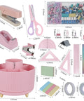 Pink Desk Accessories Set With Rotating Pen Holder, Stapler, Tape Dispenser, Scissors, Clips, and Rulers displayed with measurements.