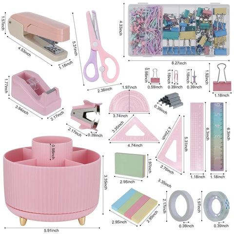Pink Desk Accessories Set With Rotating Pen Holder, Stapler, Tape Dispenser, Scissors, Clips, and Rulers displayed with measurements.