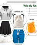 Image showing 6 Pcs Drawstring Threader Tool Set With 3 Designs For Hoodie Strings Pants Shorts Shoes Sweatpants And Bags Spring Threaders, alongside examples including a hoodie, sweatpants, skirts, and bags.