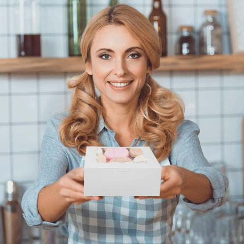 Thirty Piece Set Of Top Shelf White Bakery Boxes With Crisp Clear Windows Plus Generous Kraft Stickers For Secure Cookie And Pastry Shipping That Is Hella Sturdy And Damned Eco Friendly Measuring 6 X 6 X 3 Inches