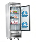 Workhorse Grade 27 Inch Commercial Freezer 23 Cubic Foot Reach In Upright Cooler With Solid Stainless Door open displaying stored meats.