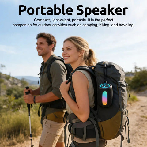 Portable Bluetooth Speaker With Loud Stereo Sound And Beastly Bass on backpack during hiking