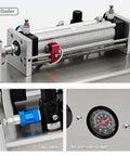 Shop Floor Ready Semiautomatic Pneumatic Liquid Filler Stainless Steel Cylinder with air pressure gauge and inlet details.