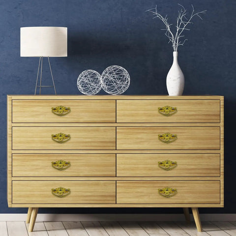 Dresser with Six Piece Antique Style Bail Drawer Pull Set With Screws Gold Finish Handles Measuring 2.8 x 1.8 Inches