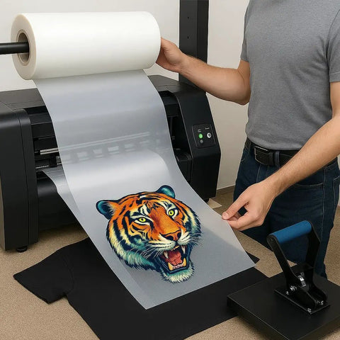 DTF Transfer Film Roll Hot Peel 24x328ft Clear PET Heat Transfer Paper For Direct-To-Film Printing on tiger graphic T-shirt