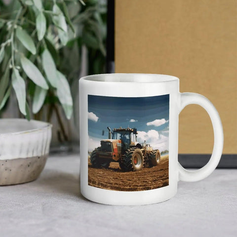 Fantasy Farm Tractor Ceramic Coffee Mug With Large Easy Grip Handle featuring a farm tractor design on a table near plants