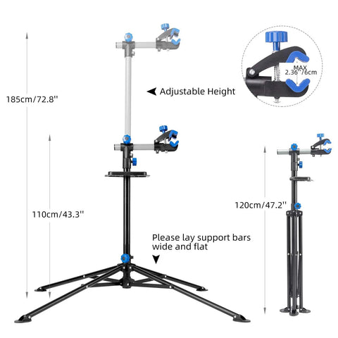 Heavy Duty Bike Repair Stand for Easy Home Maintenance, showing adjustable height and foldable design with tool tray