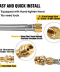 Close-up of 12 Ft Propane Hose For RV With Safety Shutoff Valve And One Quarter Inch Quick Disconnect Stainless Steel Braided Gas Line