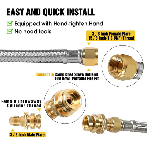 Close-up of 12 Ft Propane Hose For RV With Safety Shutoff Valve And One Quarter Inch Quick Disconnect Stainless Steel Braided Gas Line